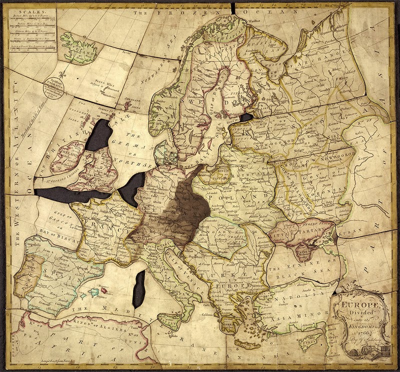 Legpuzzel van de kaart van Europa uit 1766.